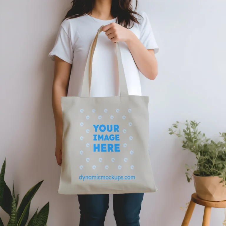 Woman Holding Light Gray Tote Bag Mockup Front View Template