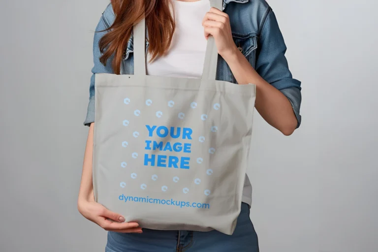 Woman Holding Light Gray Tote Bag Mockup Front View Template