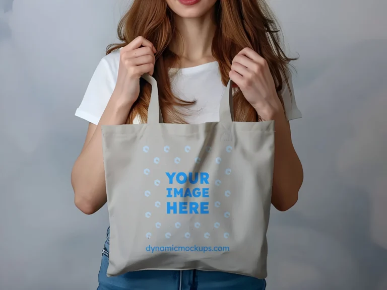 Woman Holding Light Gray Tote Bag Mockup Front View Template