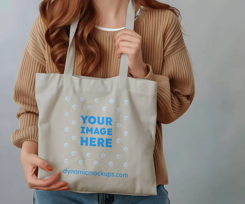 Woman Holding Light Gray Tote Bag Mockup Front View Template