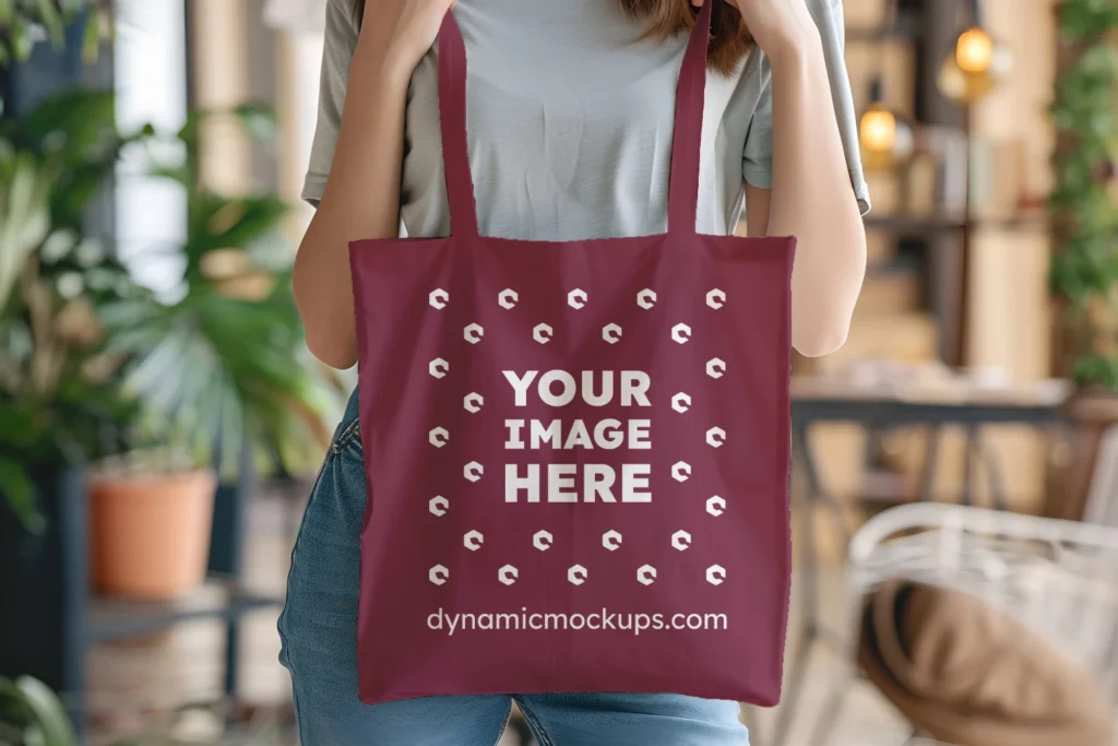 Woman Holding Maroon Tote Bag Mockup Front View Template