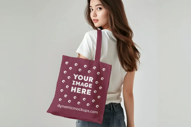 Woman Holding Maroon Tote Bag Mockup Back View Template