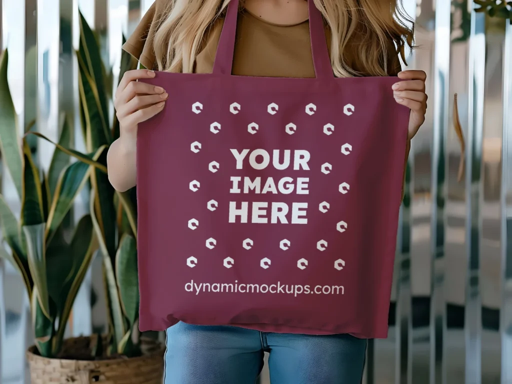 Woman Holding Maroon Tote Bag Mockup Front View Template