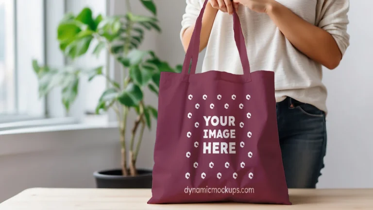 Woman Holding Maroon Tote Bag Mockup Front View Template