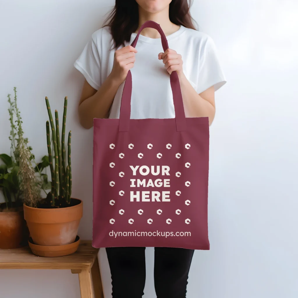 Woman Holding Maroon Tote Bag Mockup Front View Template