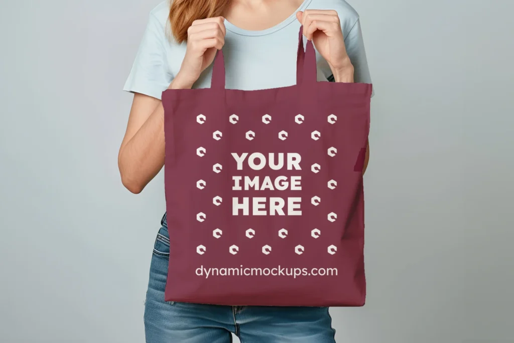 Woman Holding Maroon Tote Bag Mockup Front View Template