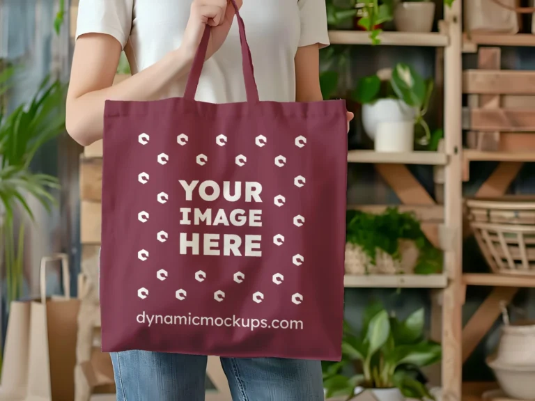 Woman Holding Maroon Tote Bag Mockup Front View Template