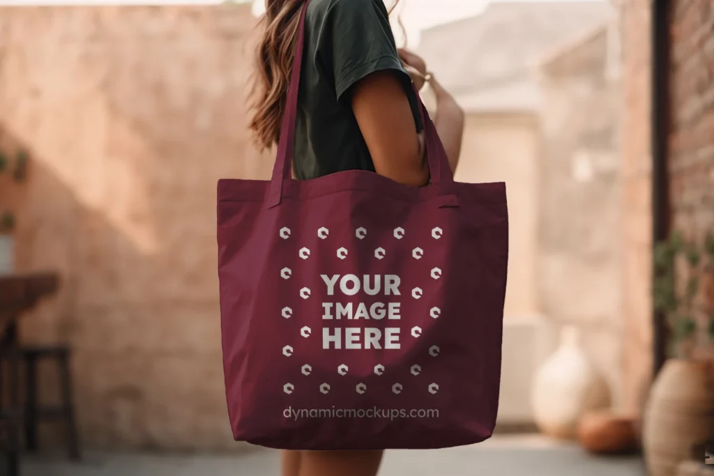 Woman Holding Maroon Tote Bag Mockup Side View Template