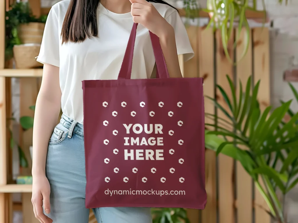 Woman Holding Maroon Tote Bag Mockup Front View Template