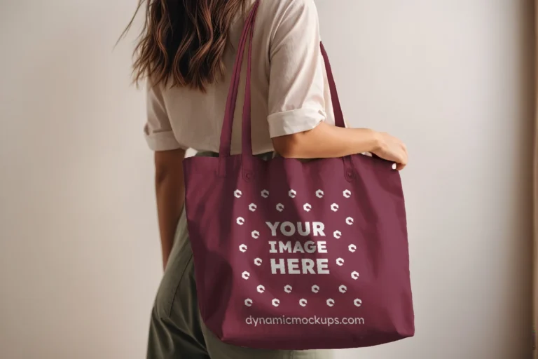 Woman Holding Maroon Tote Bag Mockup Side View Template