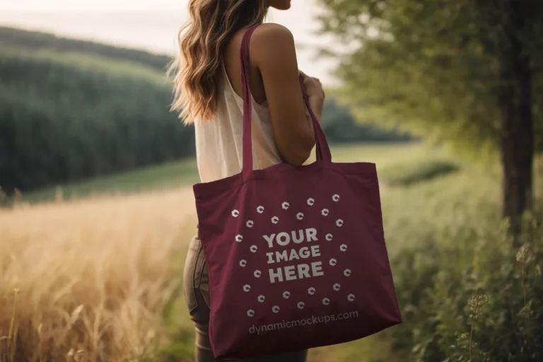 Woman Holding Maroon Tote Bag Mockup Side View Template