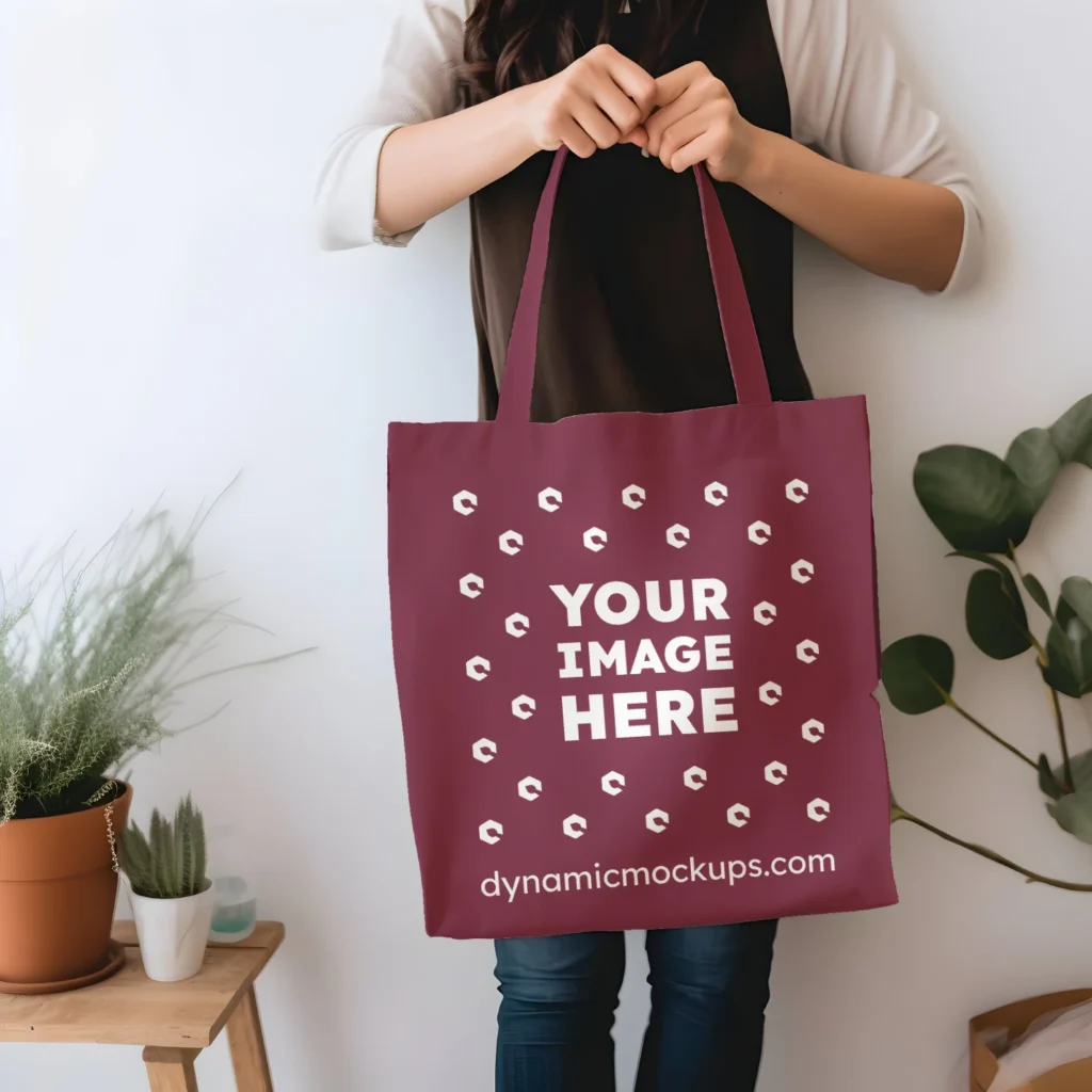 Woman Holding Maroon Tote Bag Mockup Front View Template