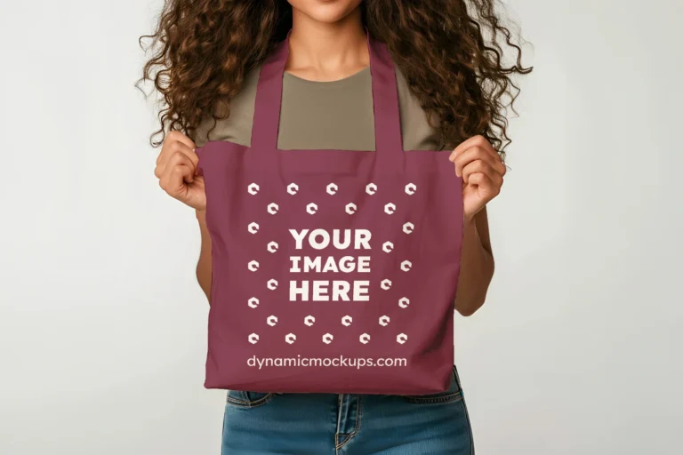 Woman Holding Maroon Tote Bag Mockup Front View Template