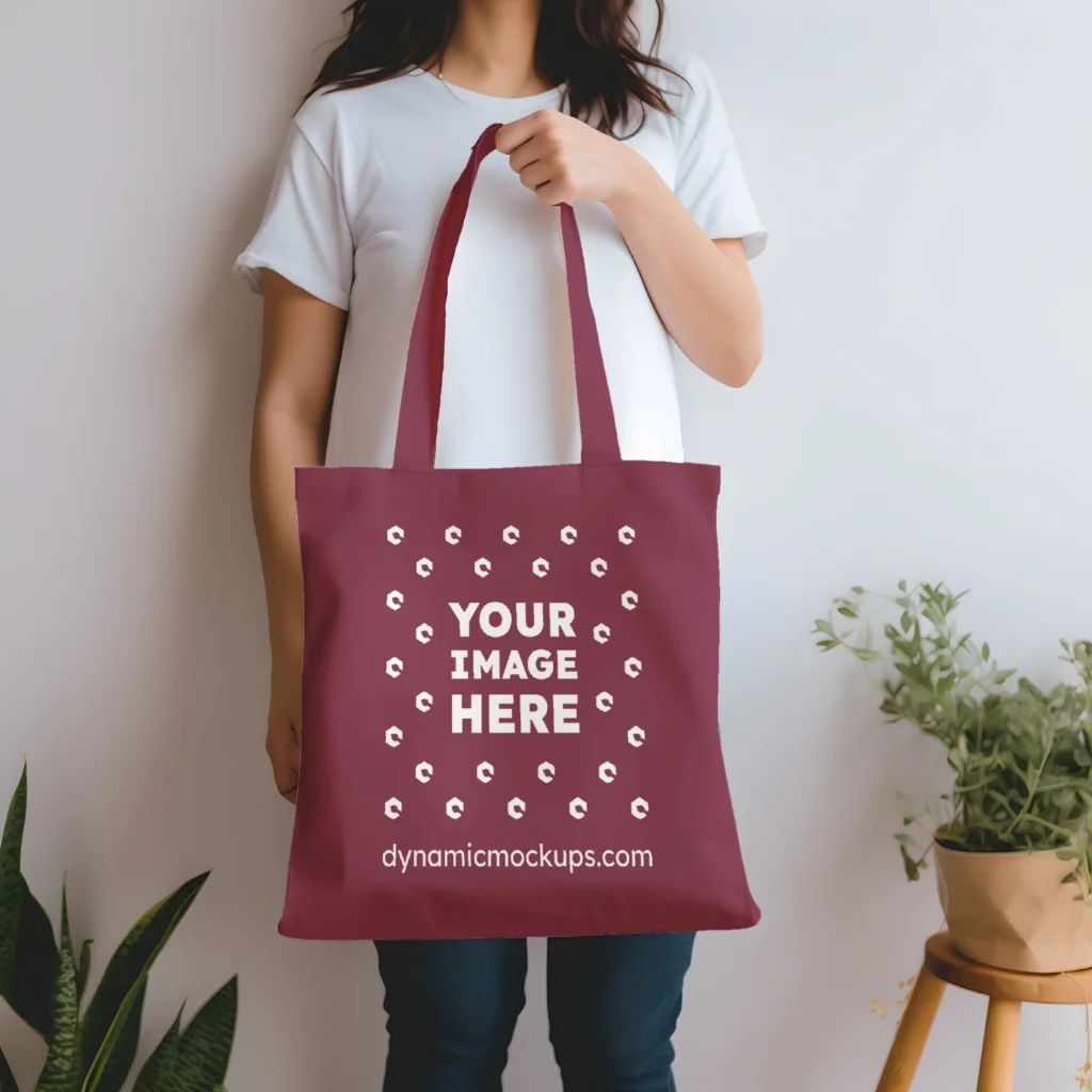 Woman Holding Maroon Tote Bag Mockup Front View Template