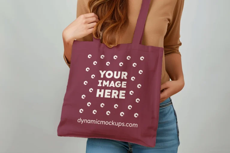 Woman Holding Maroon Tote Bag Mockup Front View Template