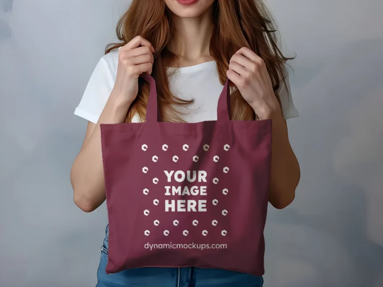 Woman Holding Maroon Tote Bag Mockup Front View Template