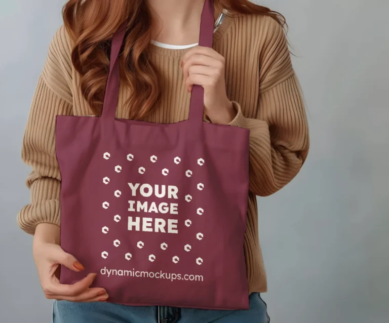 Woman Holding Maroon Tote Bag Mockup Front View Template