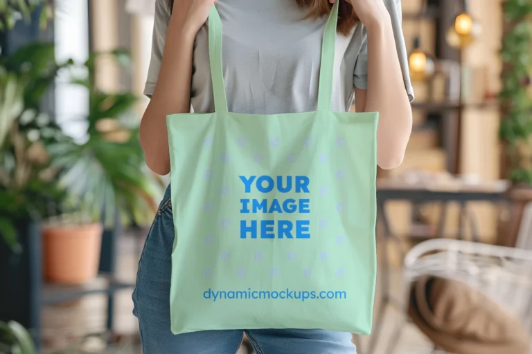 Woman Holding Mint Tote Bag Mockup Front View Template