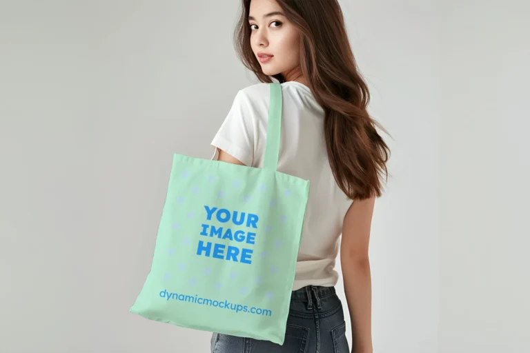 Woman Holding Mint Tote Bag Mockup Back View Template