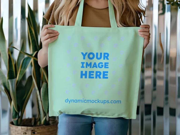 Woman Holding Mint Tote Bag Mockup Front View Template