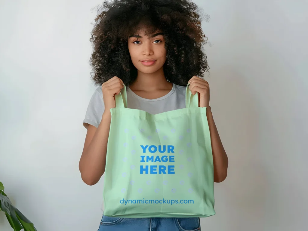 Woman Holding Mint Tote Bag Mockup Front View Template