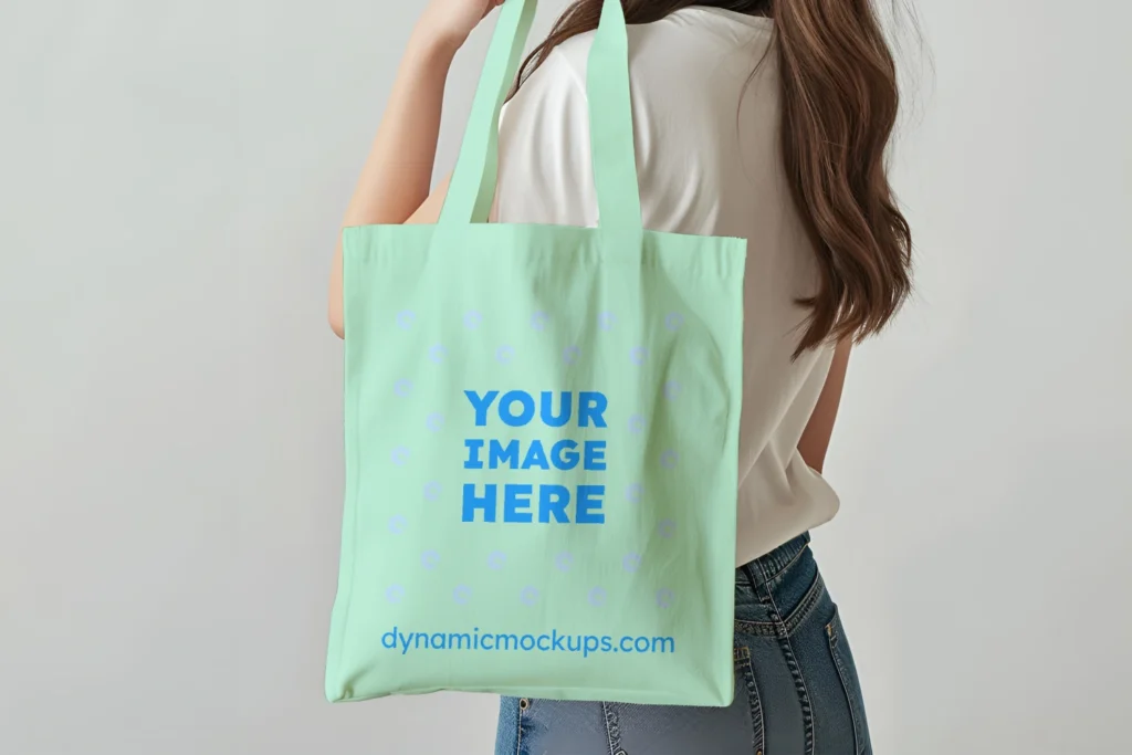 Woman Holding Mint Tote Bag Mockup Side View Template