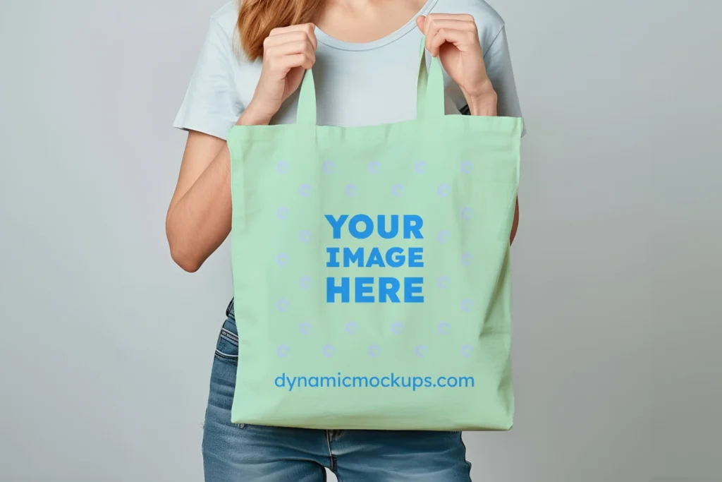 Woman Holding Mint Tote Bag Mockup Front View Template