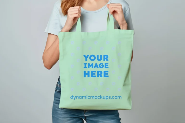 Woman Holding Mint Tote Bag Mockup Front View Template