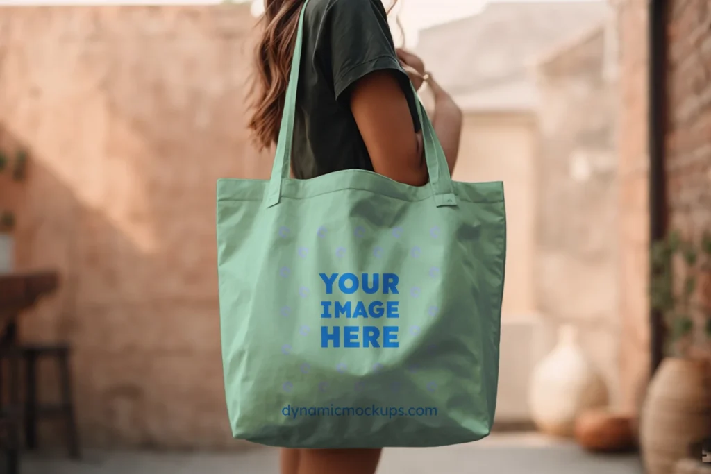 Woman Holding Mint Tote Bag Mockup Side View Template