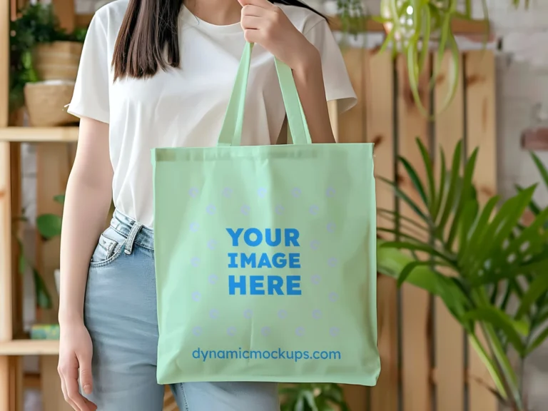 Woman Holding Mint Tote Bag Mockup Front View Template