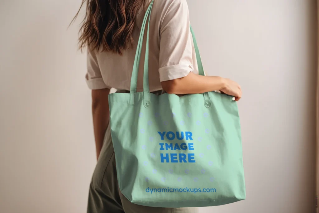 Woman Holding Mint Tote Bag Mockup Side View Template