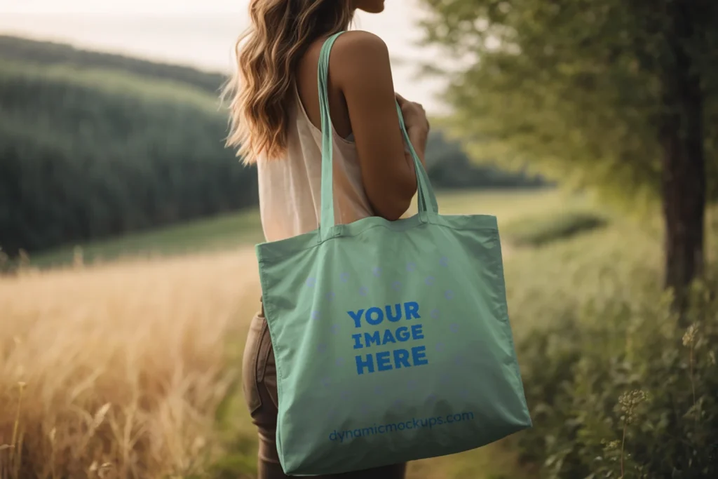 Woman Holding Mint Tote Bag Mockup Side View Template