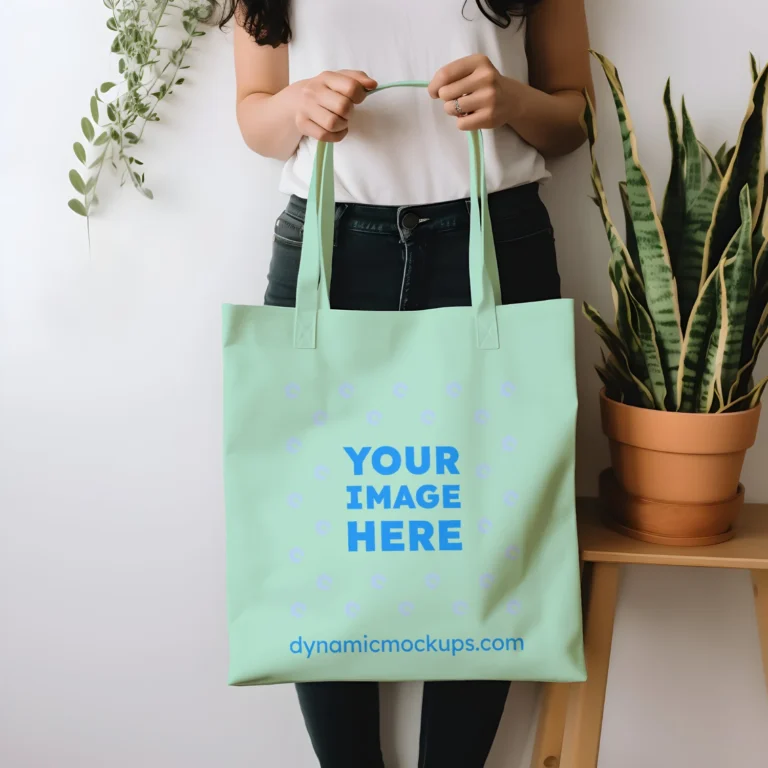 Woman Holding Mint Tote Bag Mockup Front View Template