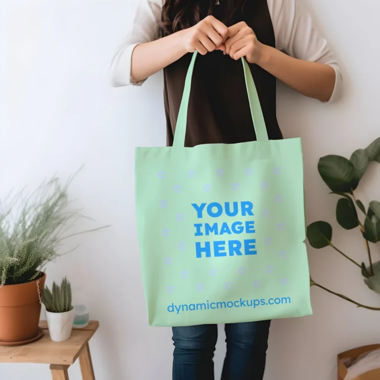 Woman Holding Mint Tote Bag Mockup Front View Template