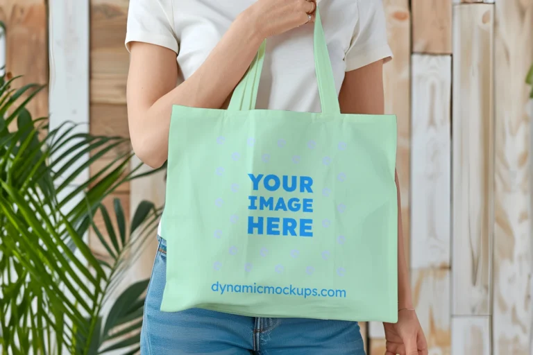 Woman Holding Mint Tote Bag Mockup Front View Template