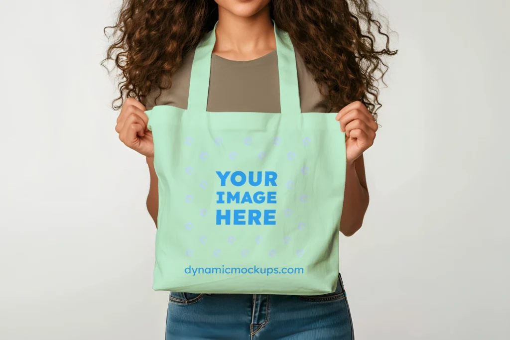 Woman Holding Mint Tote Bag Mockup Front View Template