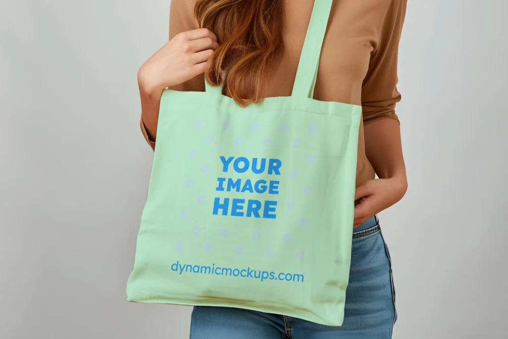 Woman Holding Mint Tote Bag Mockup Front View Template