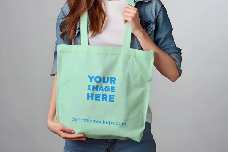 Woman Holding Mint Tote Bag Mockup Front View Template