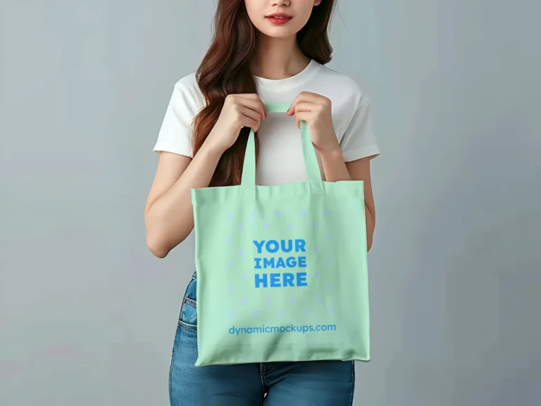 Woman Holding Mint Tote Bag Mockup Front View Template