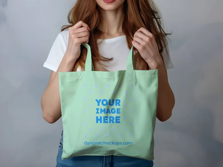 Woman Holding Mint Tote Bag Mockup Front View Template