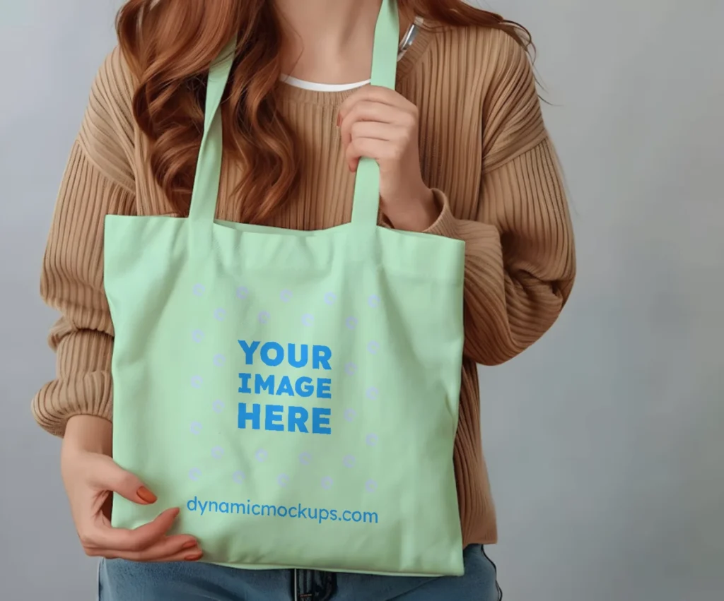 Woman Holding Mint Tote Bag Mockup Front View Template