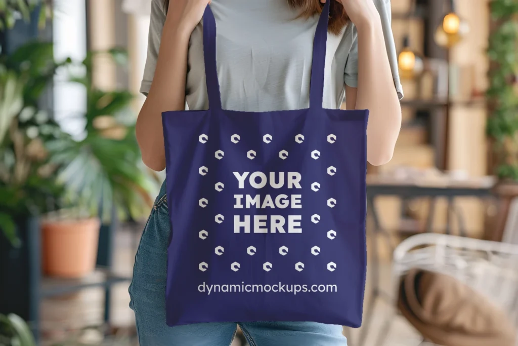 Woman Holding Navy Blue Tote Bag Mockup Front View Template