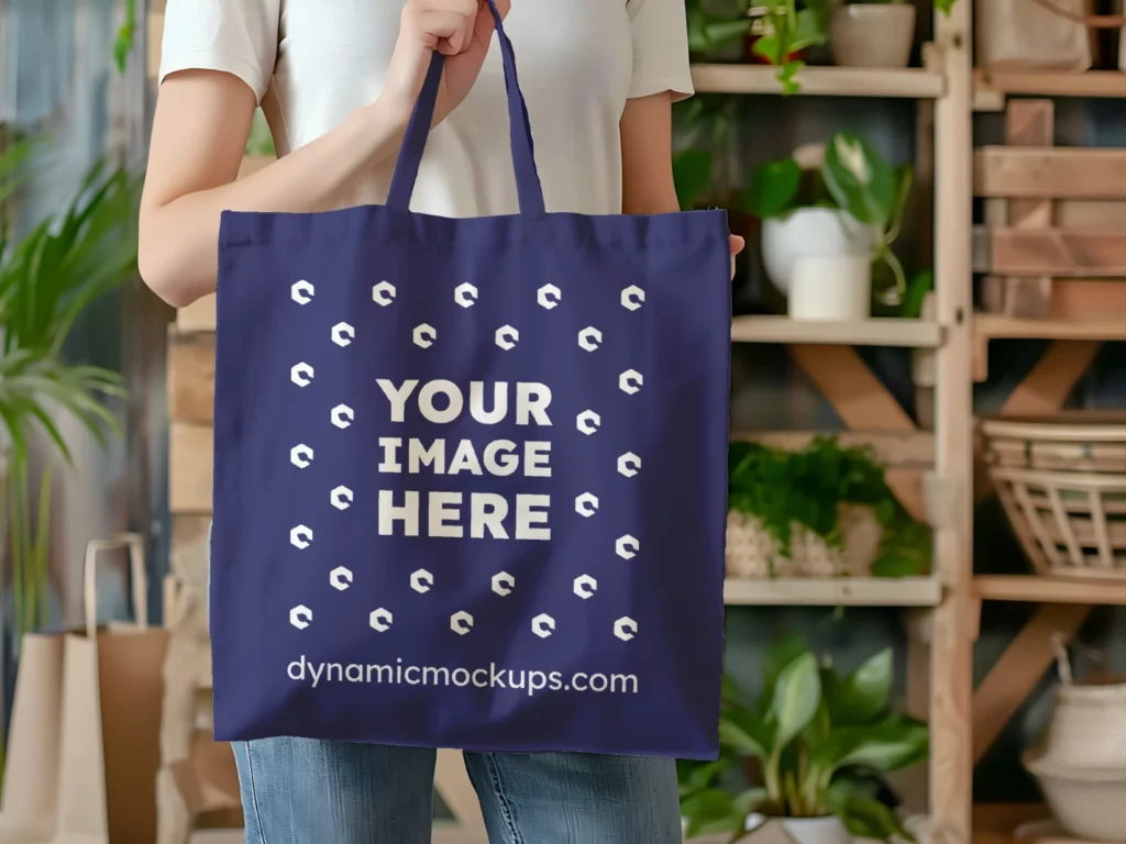 Woman Holding Navy Blue Tote Bag Mockup Front View Template