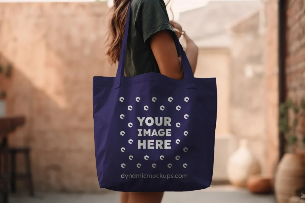 Woman Holding Navy Blue Tote Bag Mockup Side View Template