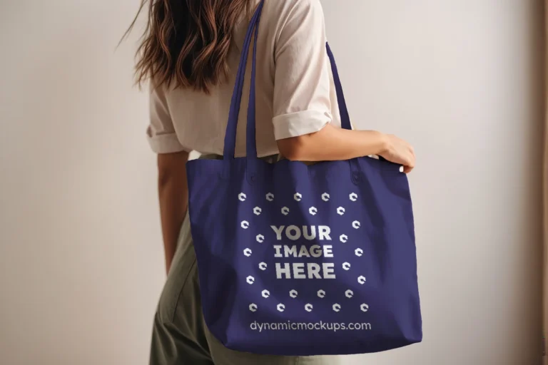 Woman Holding Navy Blue Tote Bag Mockup Side View Template