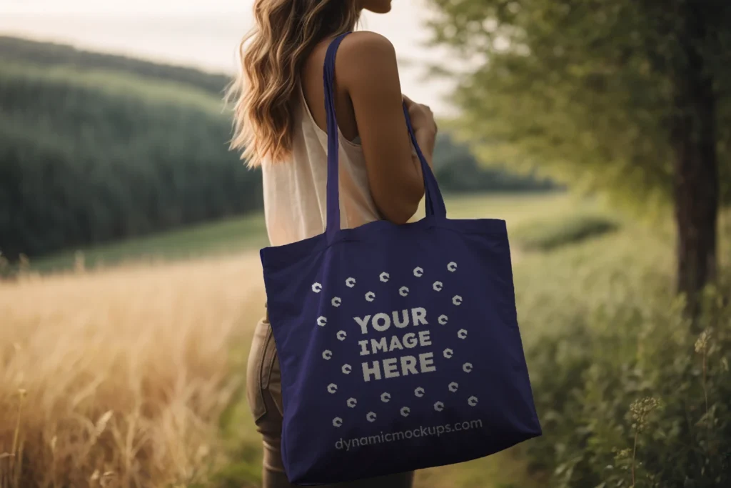 Woman Holding Navy Blue Tote Bag Mockup Side View Template