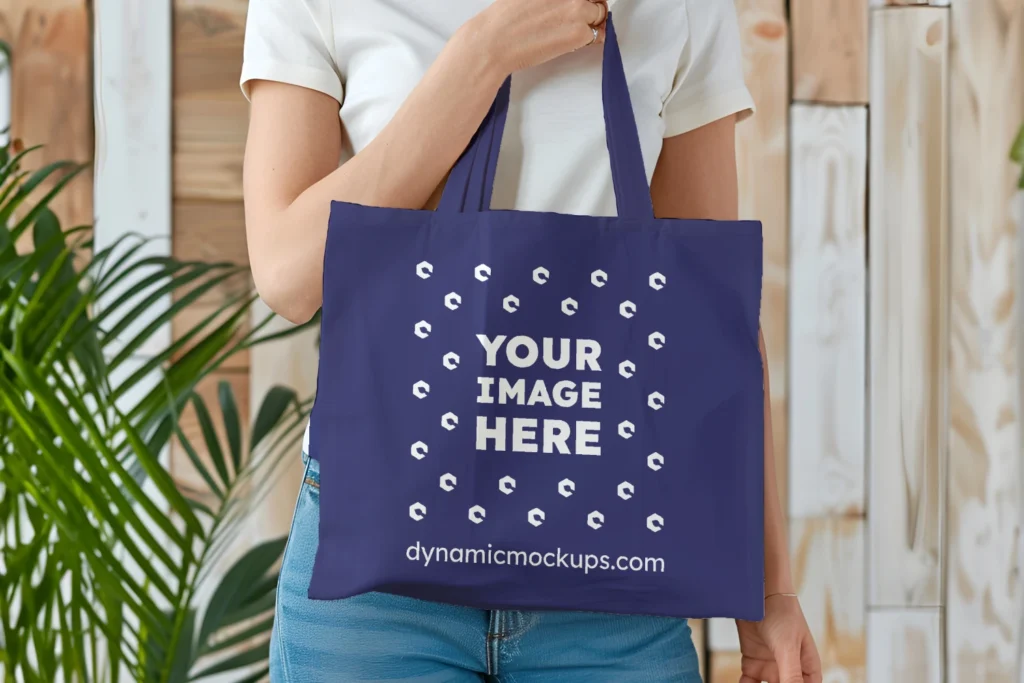 Woman Holding Navy Blue Tote Bag Mockup Front View Template