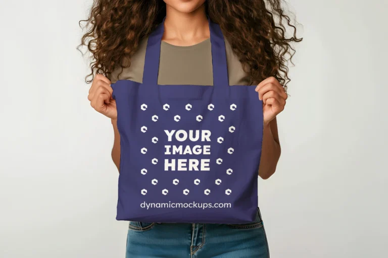 Woman Holding Navy Blue Tote Bag Mockup Front View Template