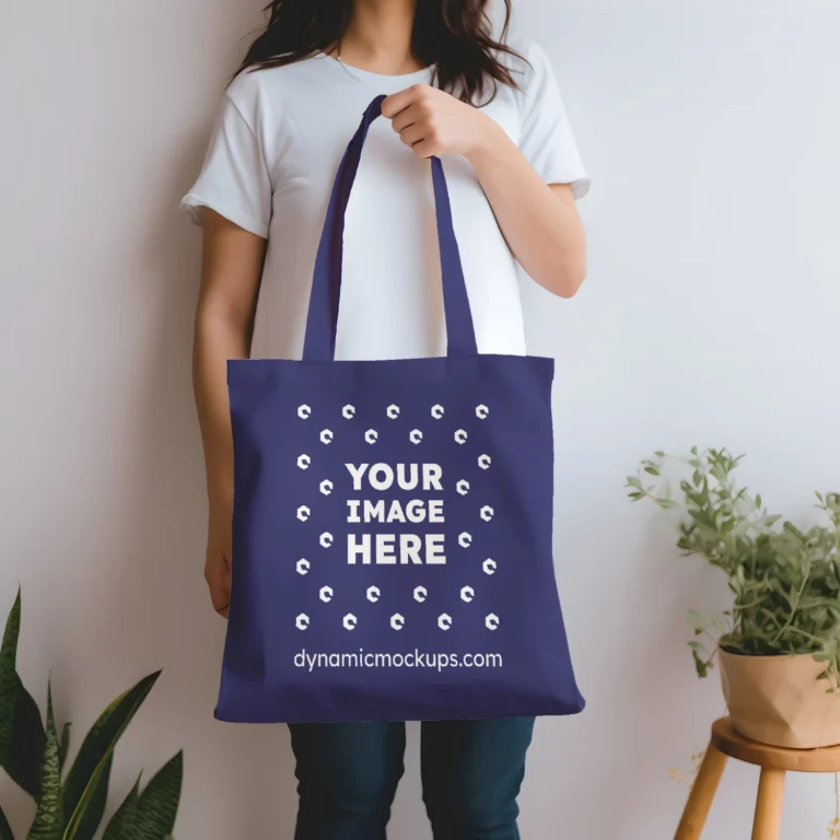 Woman Holding Navy Blue Tote Bag Mockup Front View Template