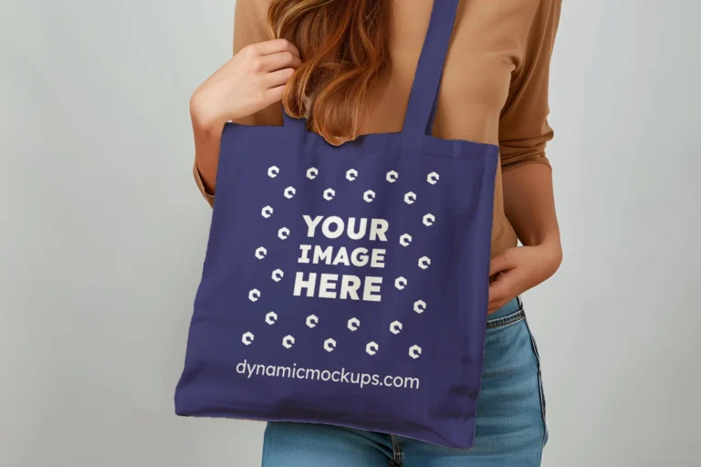 Woman Holding Navy Blue Tote Bag Mockup Front View Template